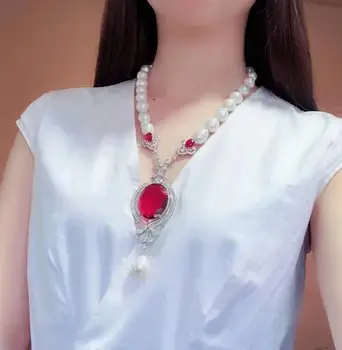  Ręcznie wiązane naturalny biały słodkowodne perły czerwony cyrkon mikro inkrustowanie cyrkon akcesoria naszyjnik biżuteria